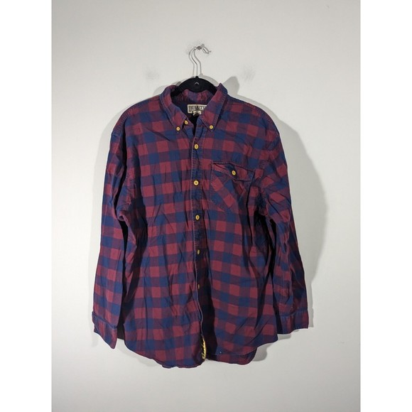 Duluth‎ Trading Co. Burgundy Navy Plaid Long Sleeve 100% Cotton Men Shirt Size L - Picture 1 of 5